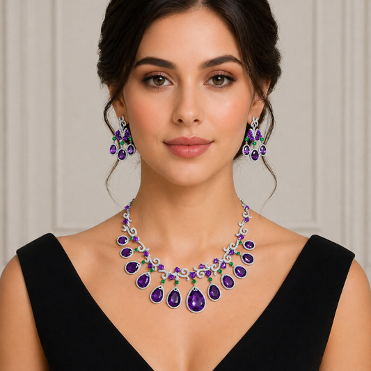 18K White Gold Amethyst Cluster Necklace with Emeralds and Diamond