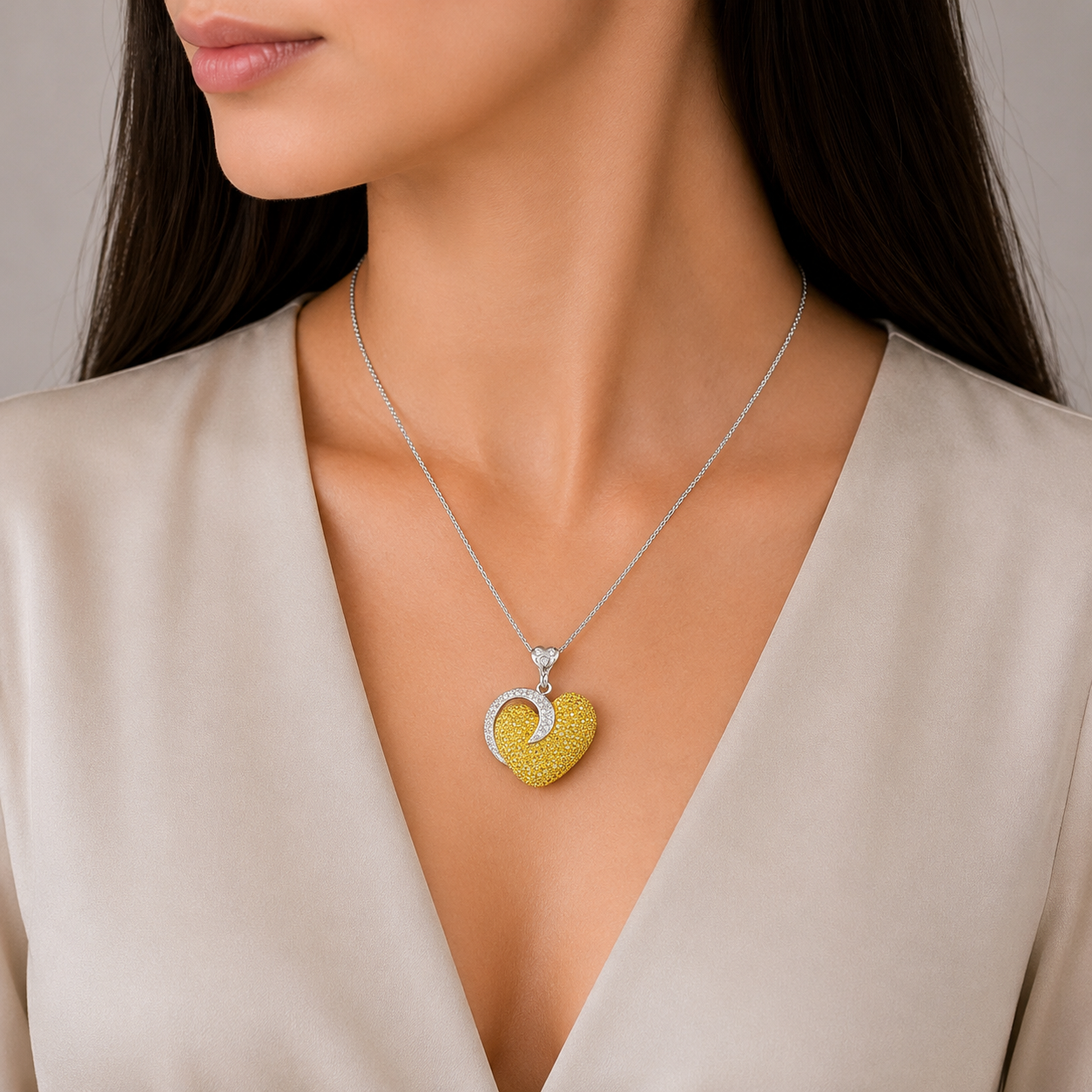 3.22 ct Heart Yellow Diamond with White Diamond Pendant in 18K Gold