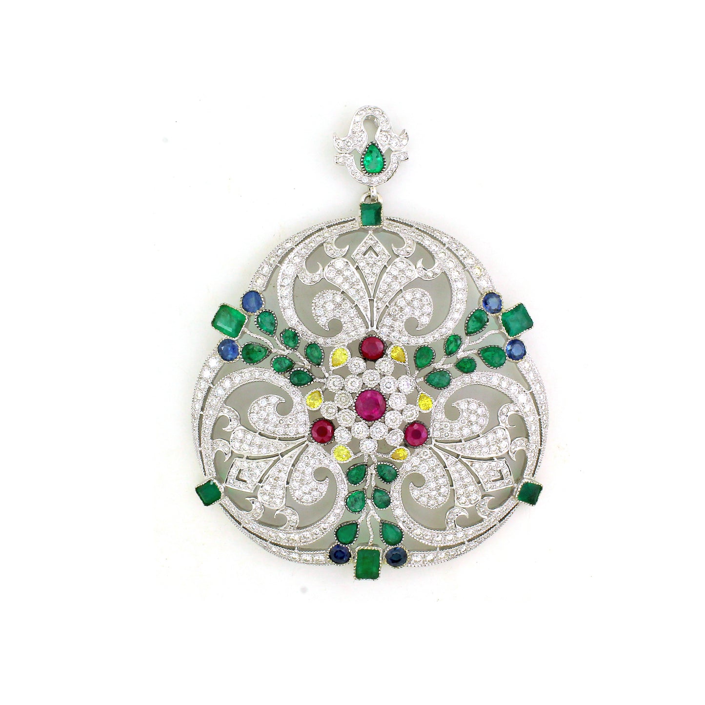 13.80 ct Round Ruby with Emerald and Mix Color Diamond Pendant in 18K Gold