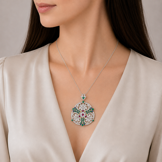 13.80 ct Round Ruby with Emerald and Mix Color Diamond Pendant in 18K Gold