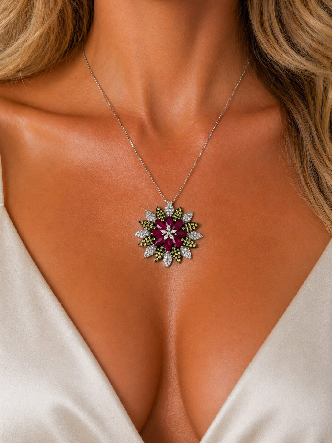 18K Gold Ruby Diamond Floral Pendant marquise center 18.38g