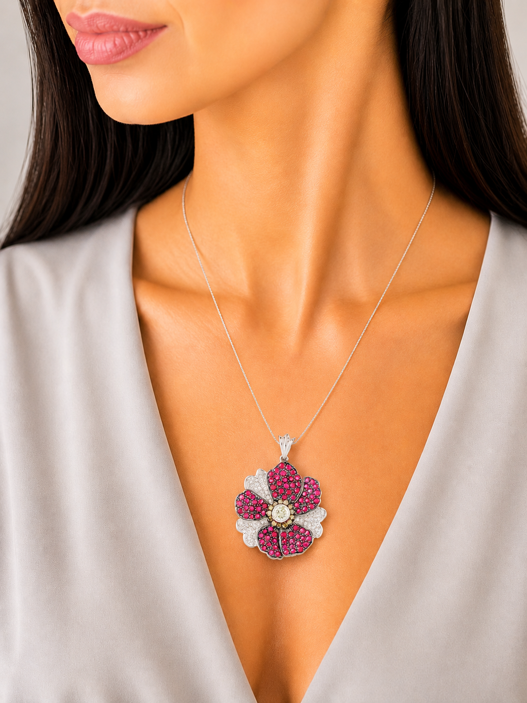 1.2 ct Round Ruby with White, Top Light Cape and Brown Diamond Pendant in 18K Gold