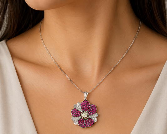 1.2 ct Round Ruby with White, Top Light Cape and Brown Diamond Pendant in 18K Gold