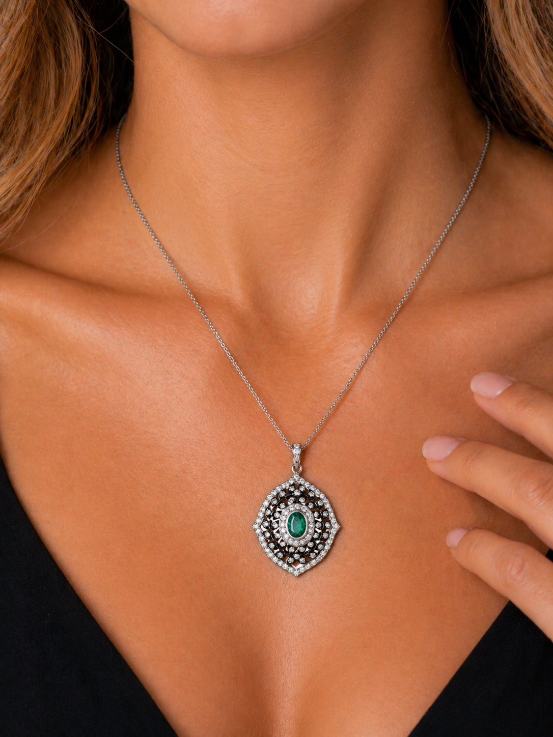 18K Gold Emerald Halo Pendant oval center stone 7.15g