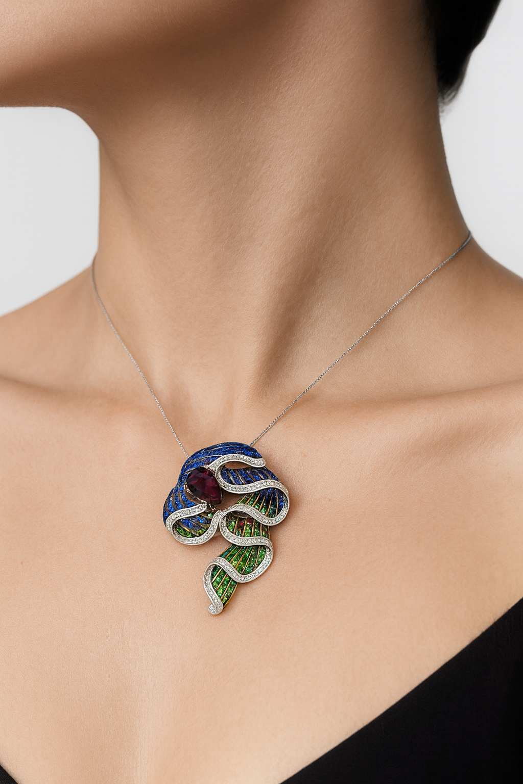 18K Gold Tourmaline Tsavorite Sapphire Cluster Pendant with White Diamonds