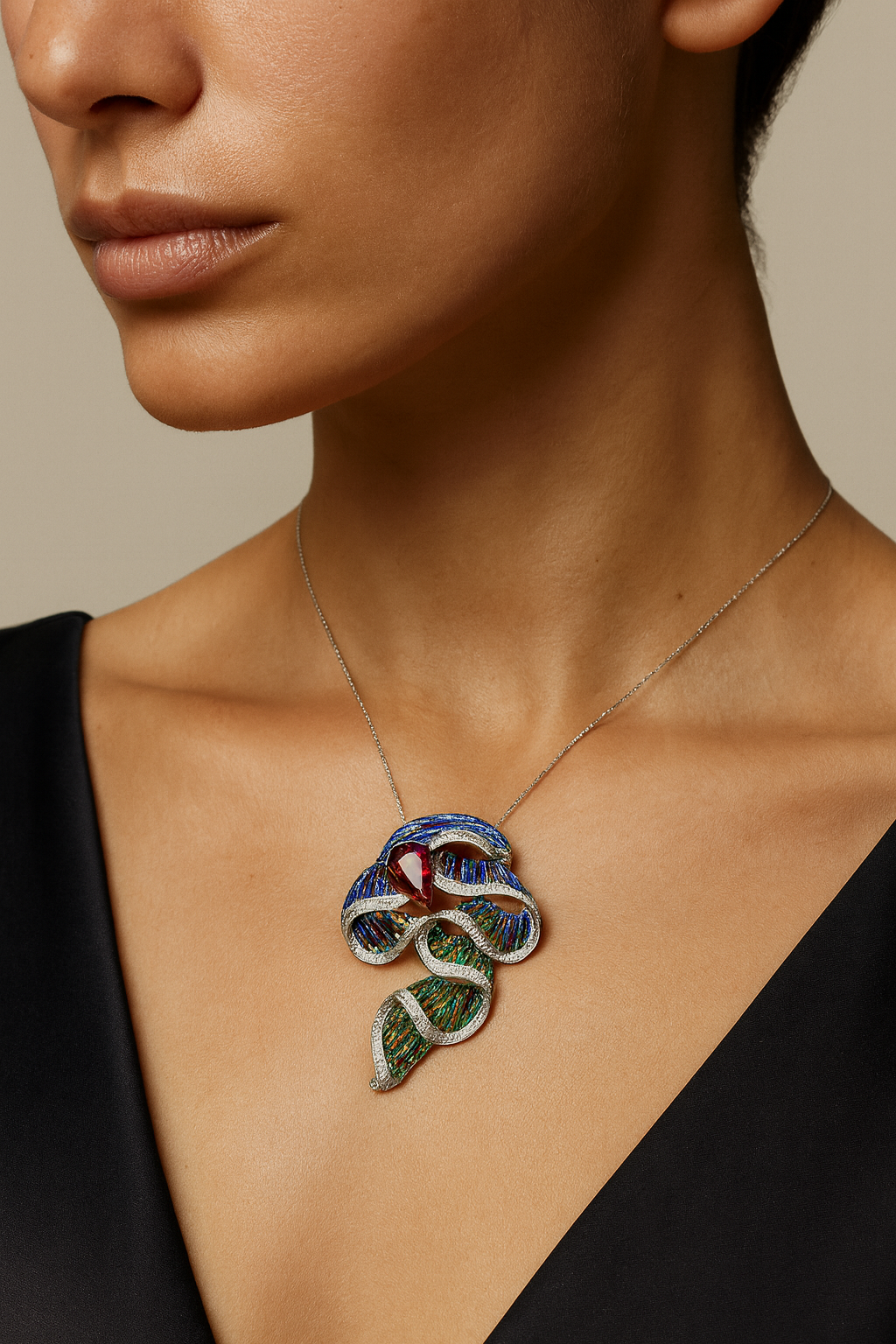 18K Gold Tourmaline Tsavorite Sapphire Cluster Pendant with White Diamonds