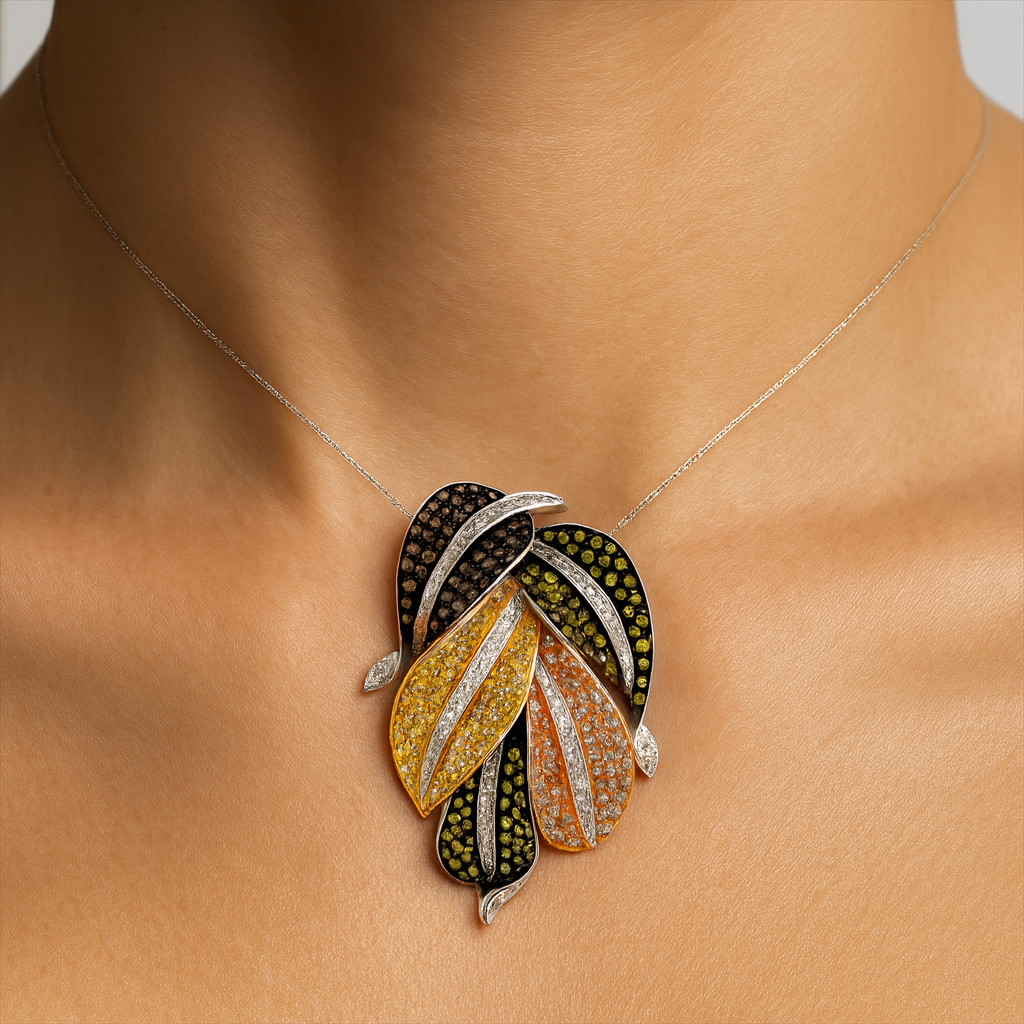 18K Gold White Diamond Cluster Pendant with Yellow Diamond