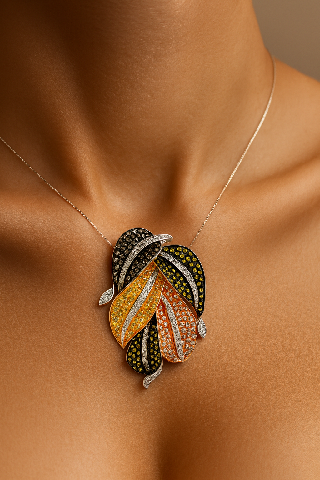 18K Gold White Diamond Cluster Pendant with Yellow Diamond