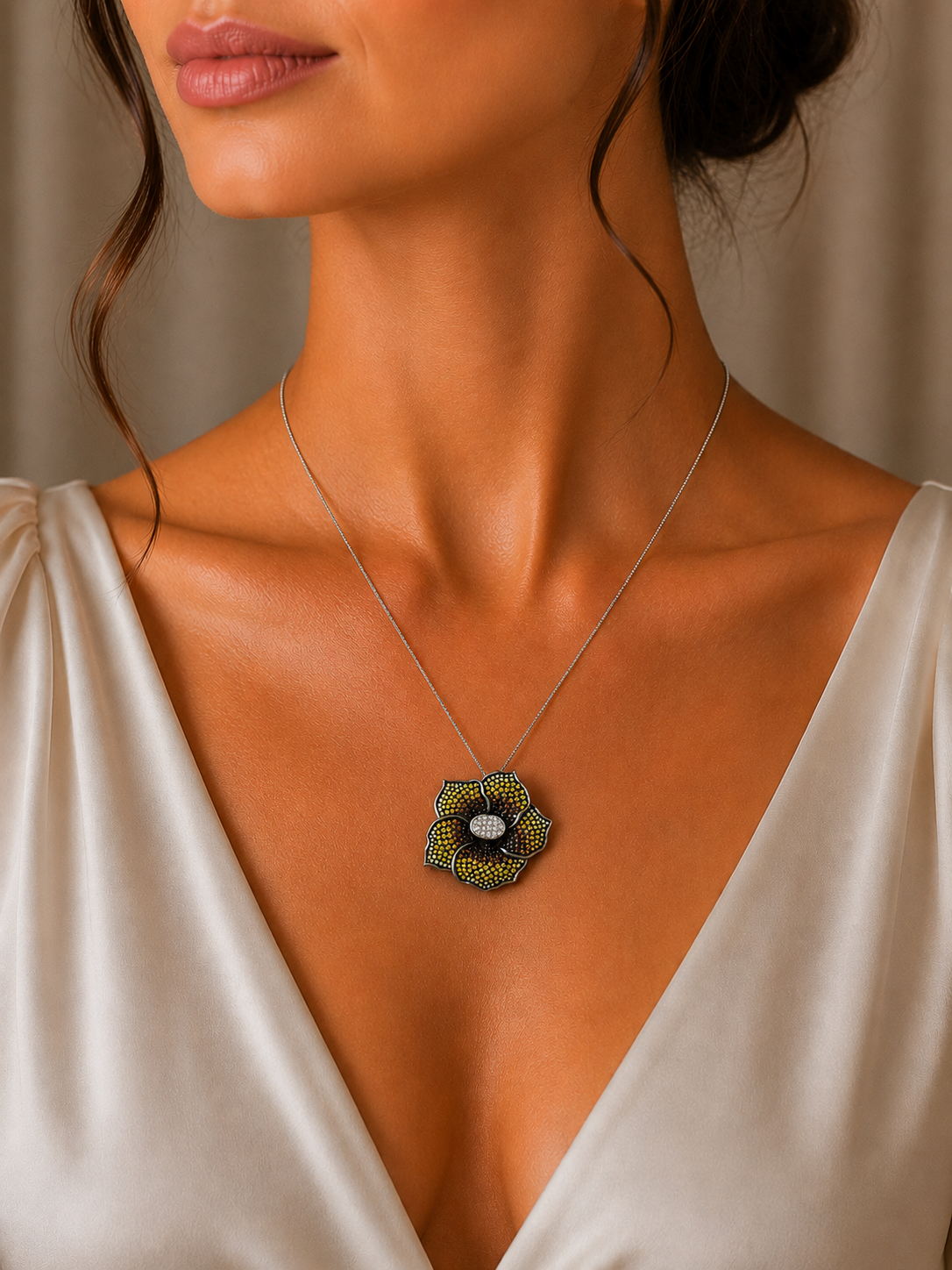 6.37 ct Round White Diamond with Canary and Burnt Orange Diamond Pendant in 18K Gold