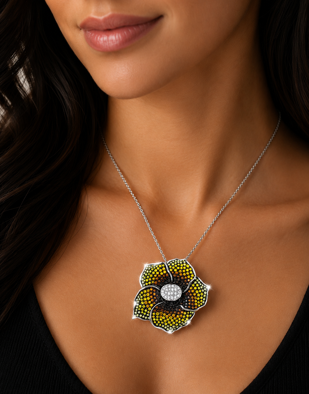 6.37 ct Round White Diamond with Canary and Burnt Orange Diamond Pendant in 18K Gold