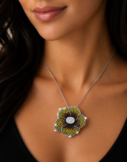 6.37 ct Round White Diamond with Canary and Burnt Orange Diamond Pendant in 18K Gold