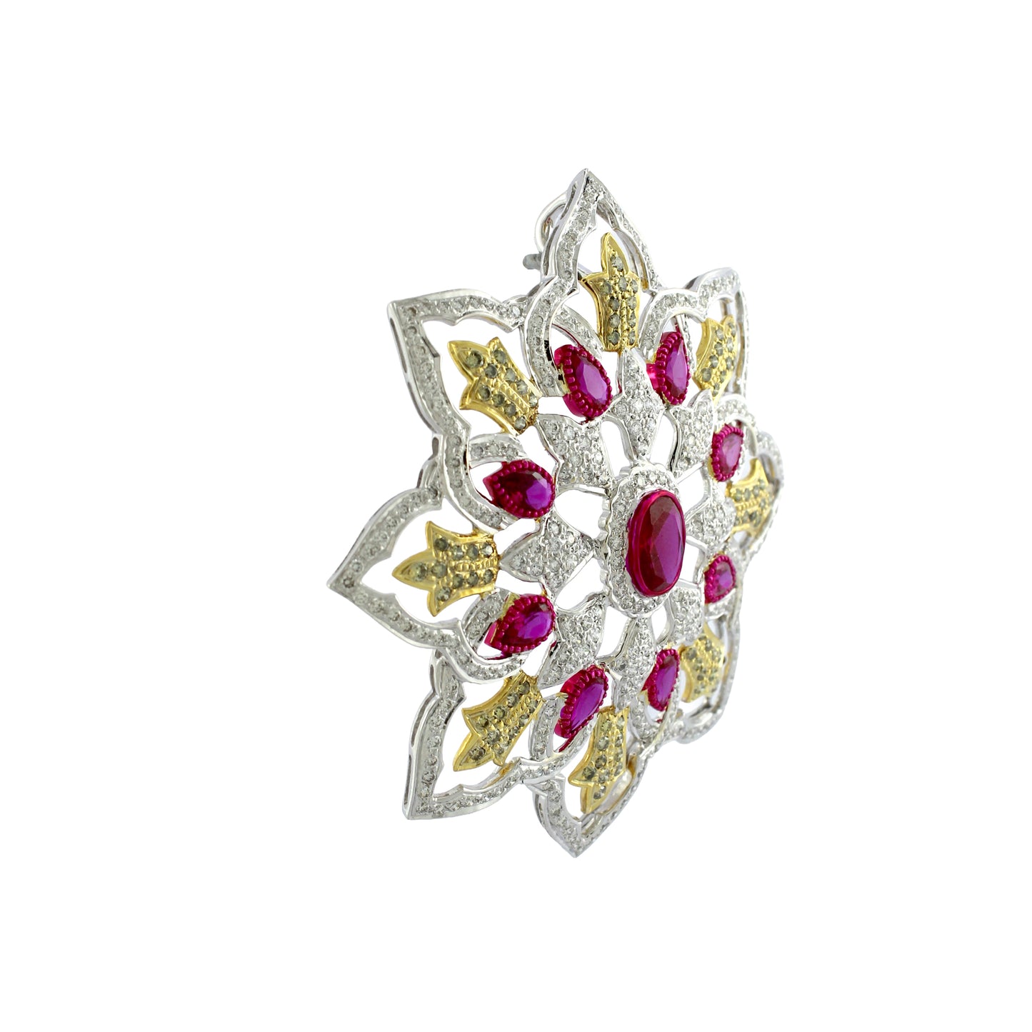 4.35 ct 18K White Diamond Ruby Floral Pendant oval center