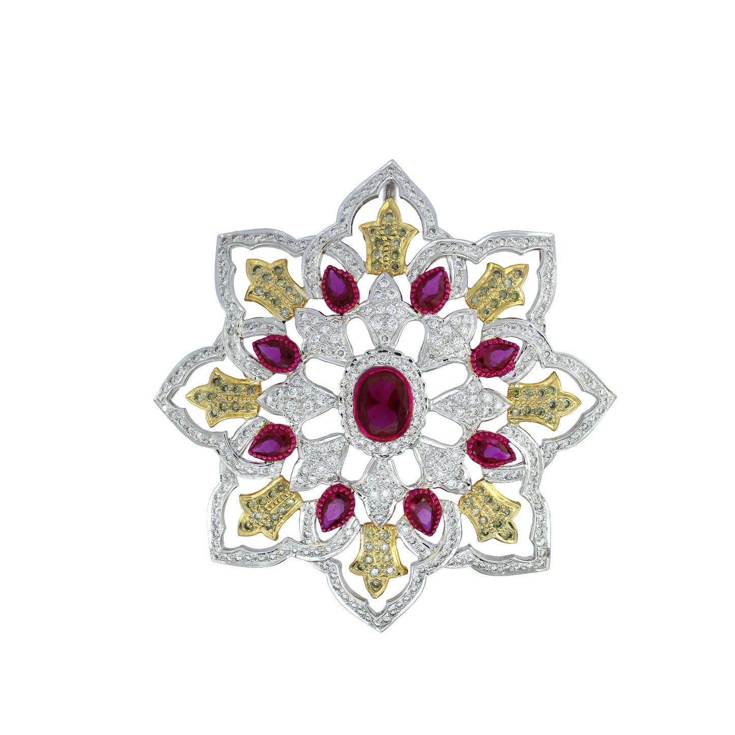 4.35 ct 18K White Diamond Ruby Floral Pendant oval center