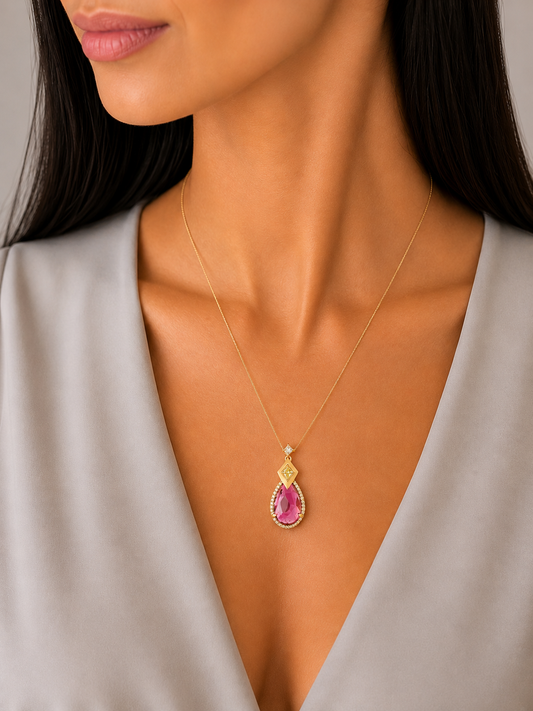 0.86 ct Pear Tourmaline with White and Yellow Diamond Pendant in 18K Gold