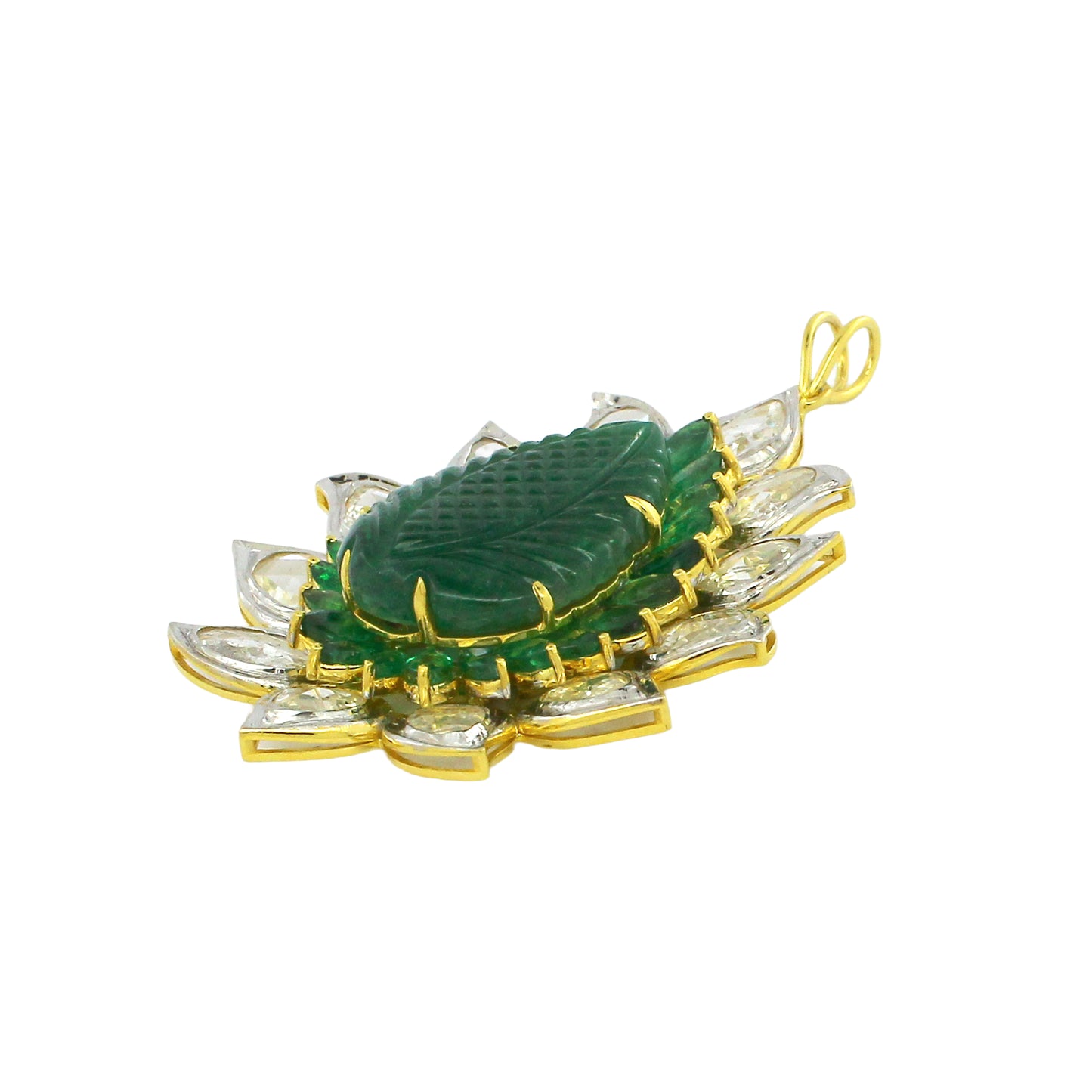 3.91 ct Leaf Emerald with Rose Cut Diamond Pendant in 18K Gold