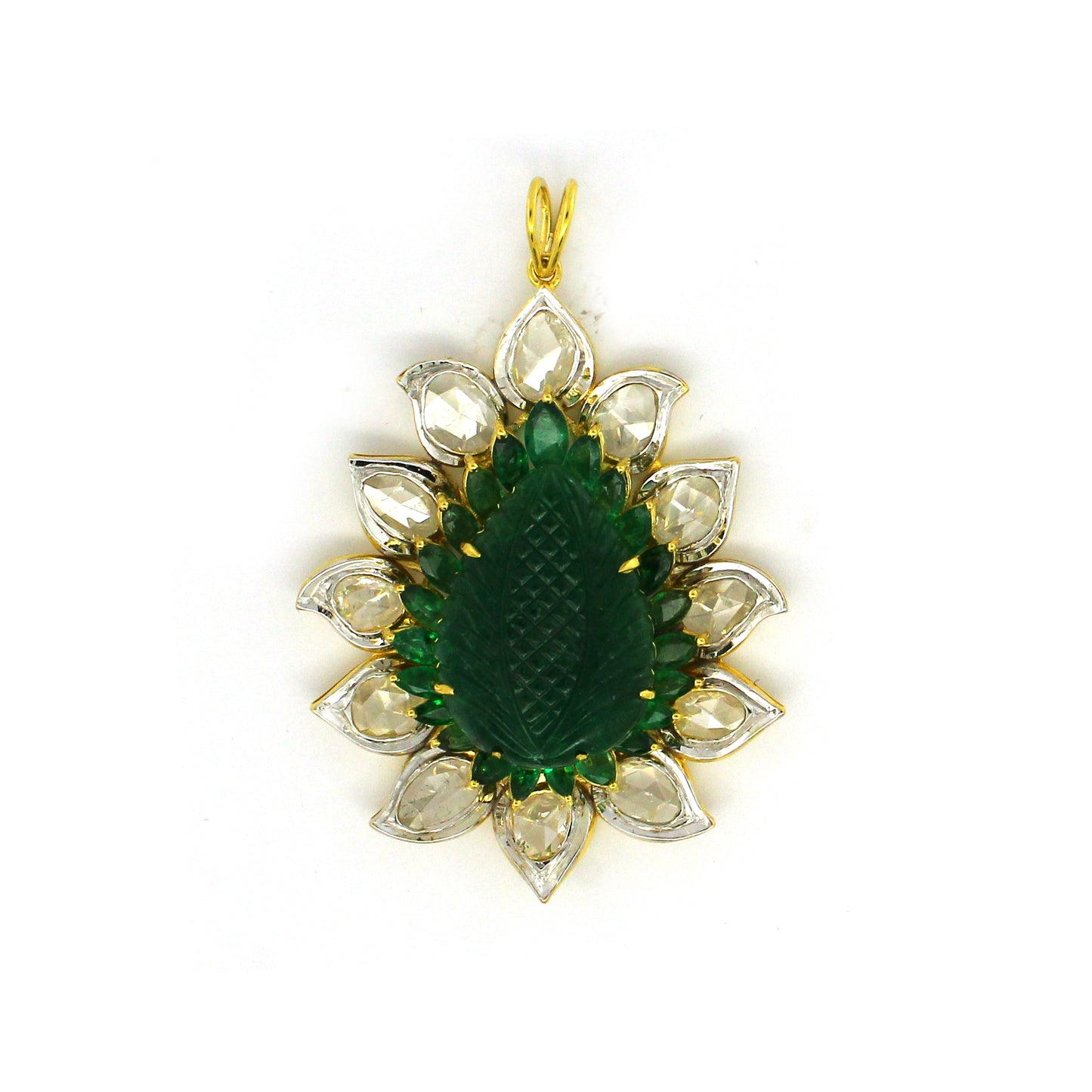 3.91 ct Leaf Emerald with Rose Cut Diamond Pendant in 18K Gold