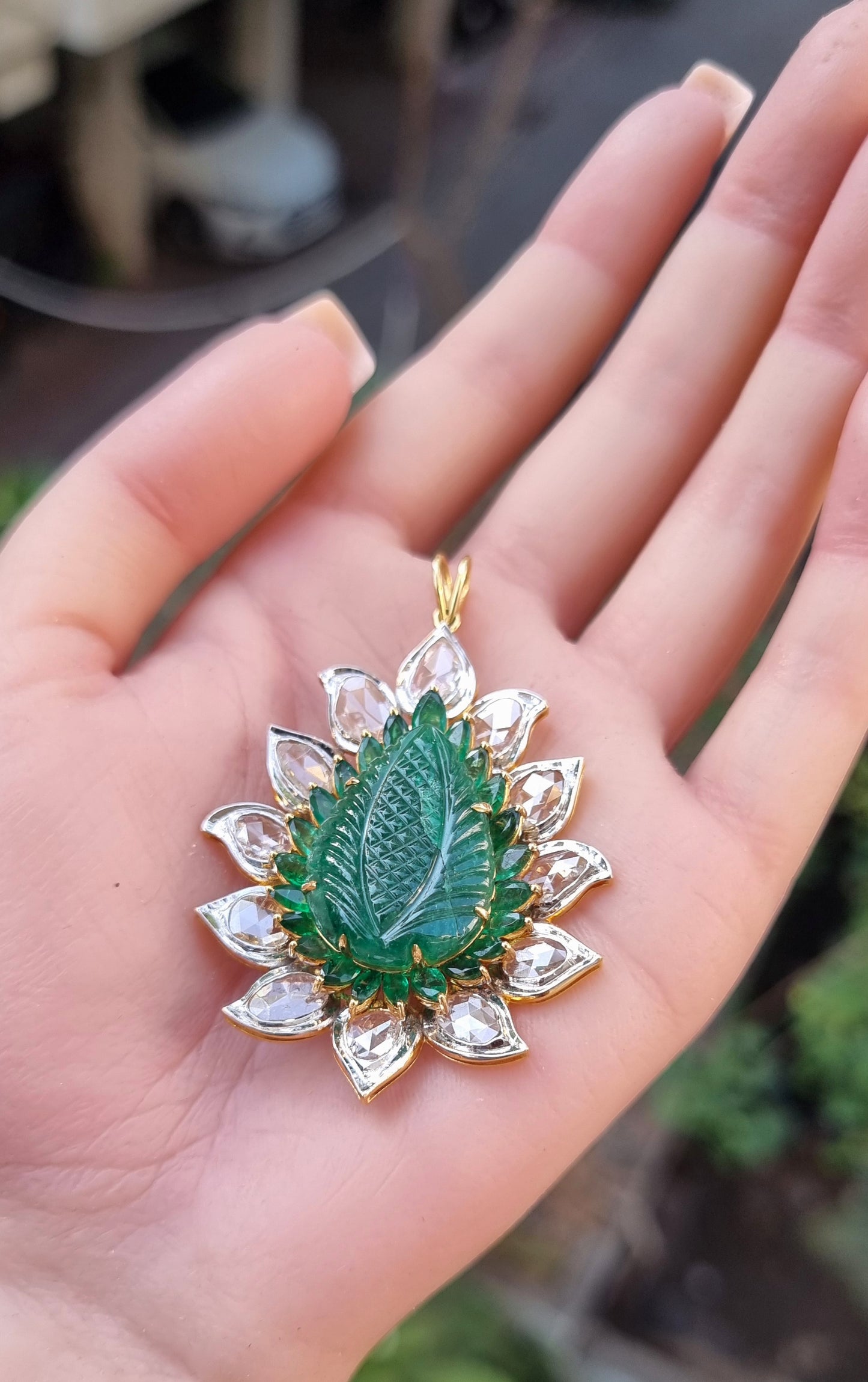 3.91 ct Leaf Emerald with Rose Cut Diamond Pendant in 18K Gold