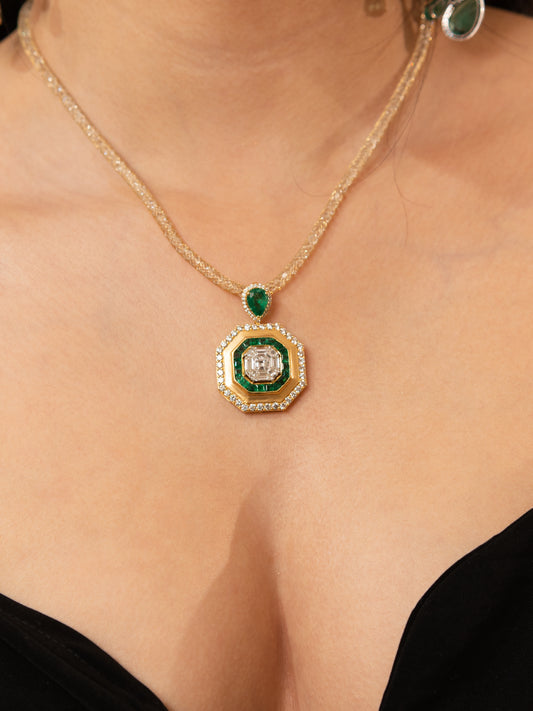 Emerald & Diamond Halo Pendant in 18k gold – Vintage Octagonal Statement Design