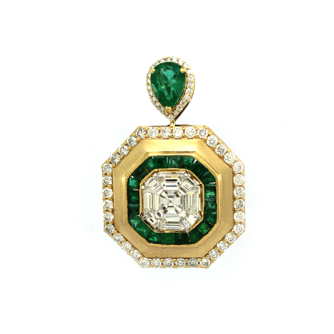 Emerald & Diamond Halo Pendant in 18k gold – Vintage Octagonal Statement Design