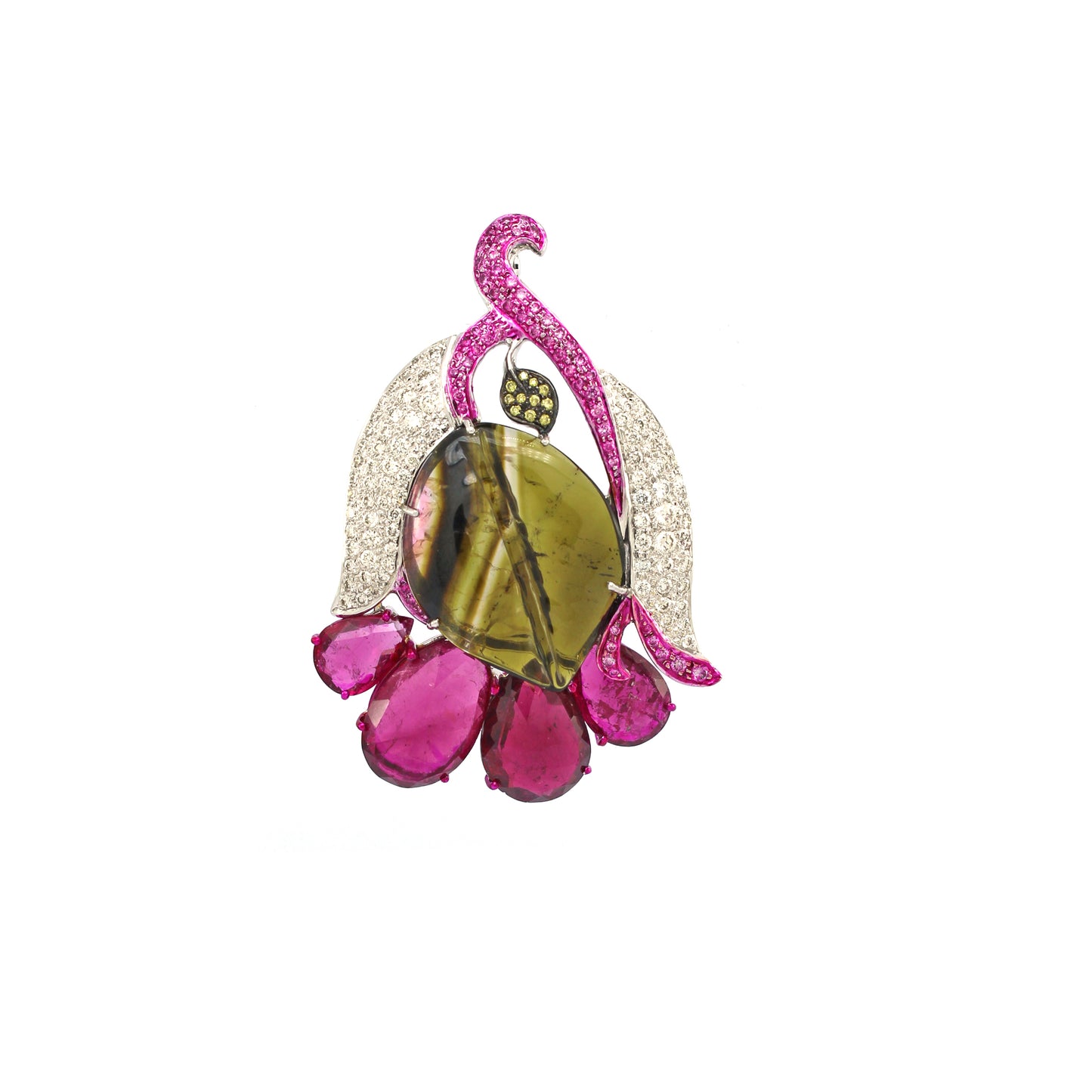1.64 ct Oval Tourmaline with White Pink and Canary Diamond Pendant in 18K Gold