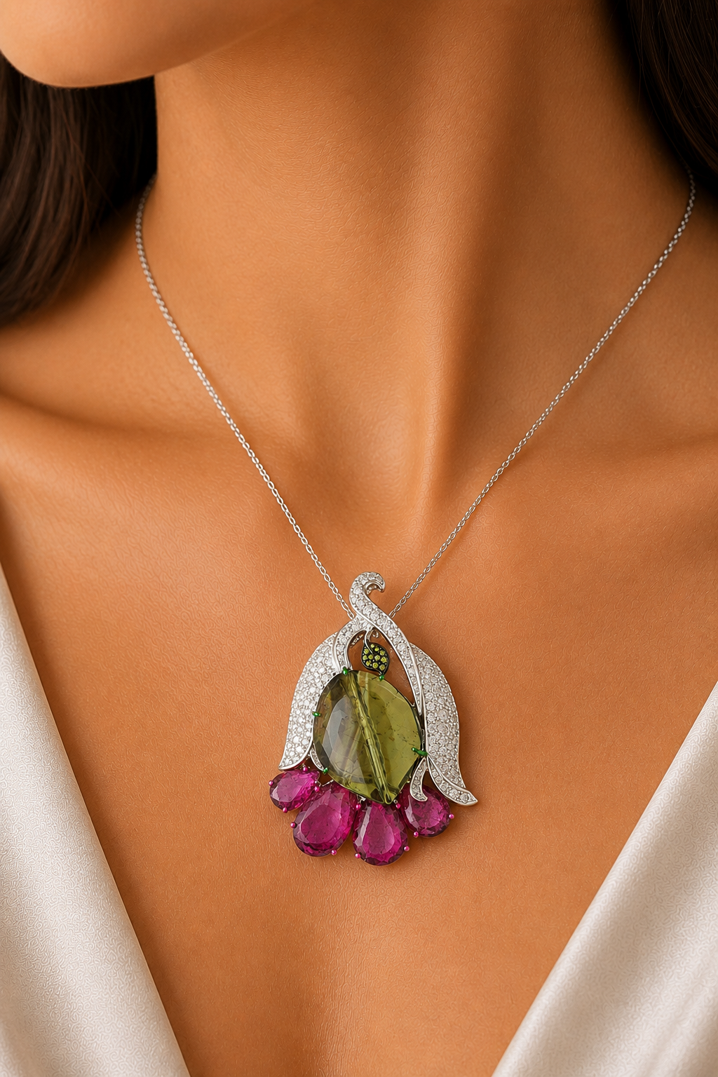 1.64 ct Oval Tourmaline with White Pink and Canary Diamond Pendant in 18K Gold