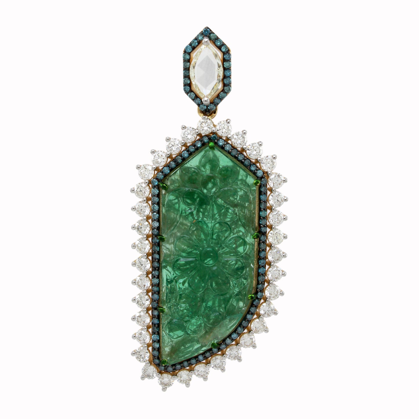 4.16 ct Carved Emerald with White, Blue and Marquise Diamond Pendant in 18K Gold
