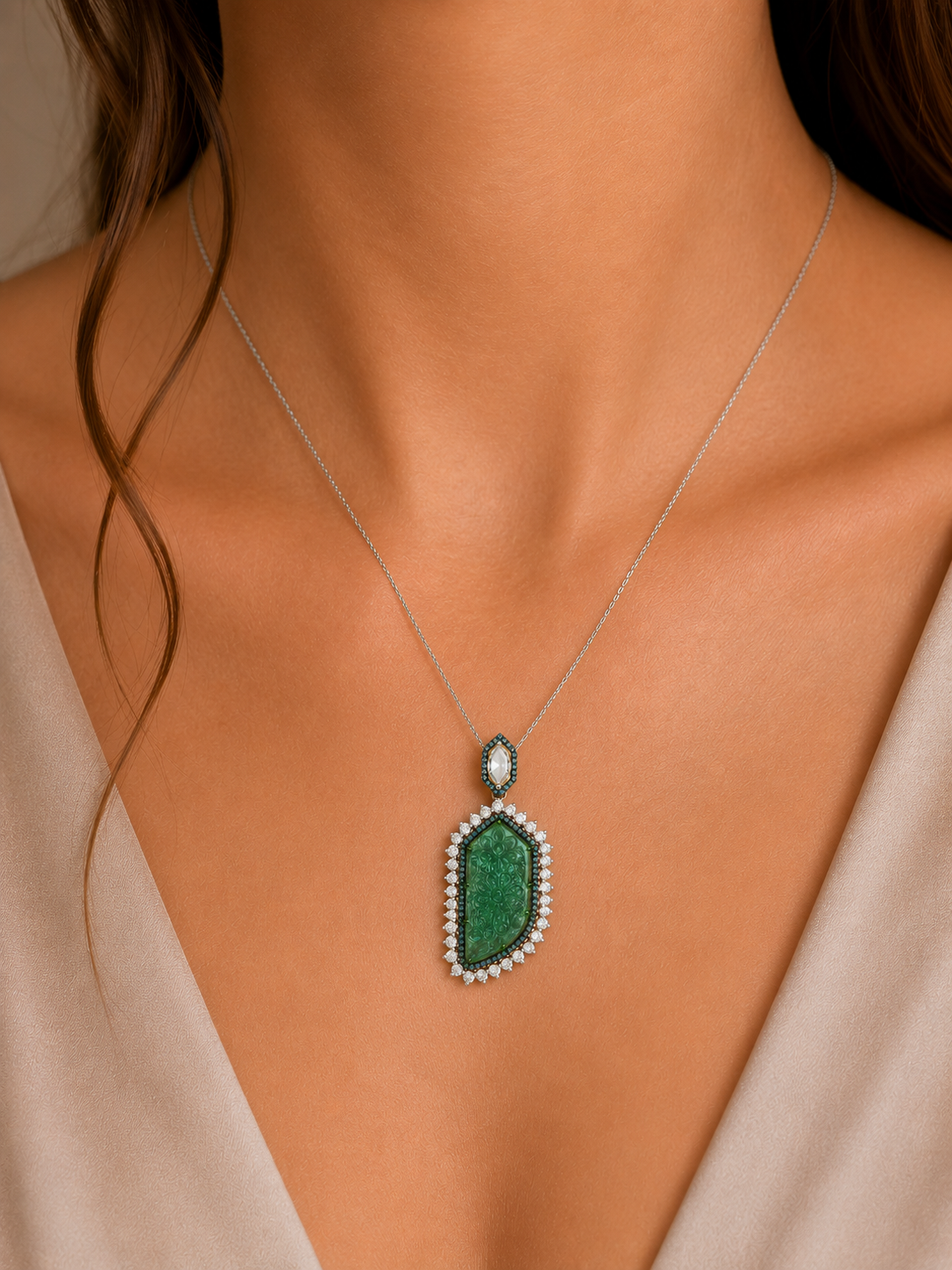 4.16 ct Carved Emerald with White, Blue and Marquise Diamond Pendant in 18K Gold