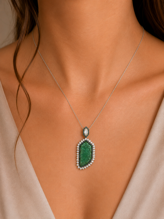 4.16 ct Carved Emerald with White, Blue and Marquise Diamond Pendant in 18K Gold