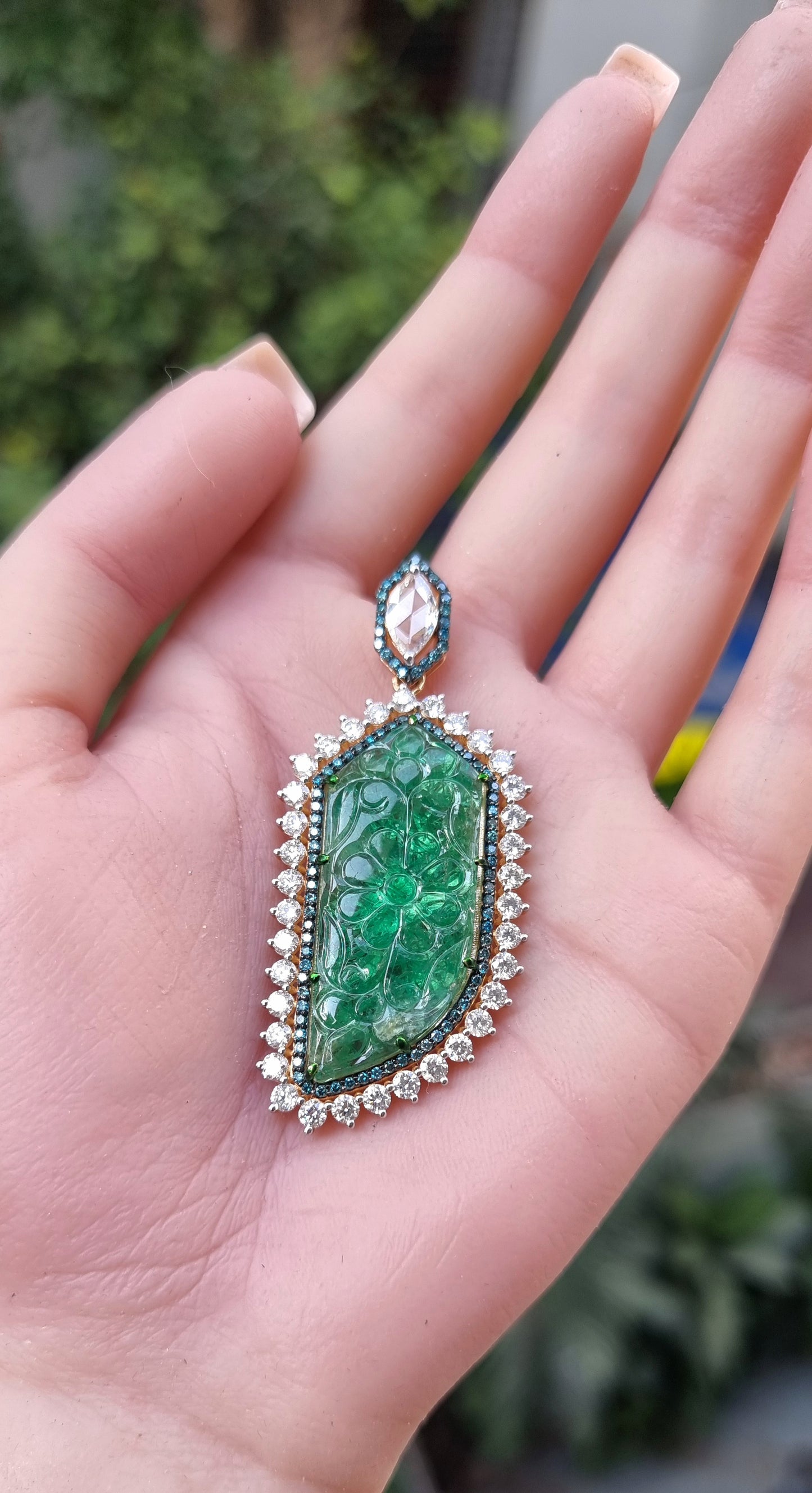 4.16 ct Carved Emerald with White, Blue and Marquise Diamond Pendant in 18K Gold