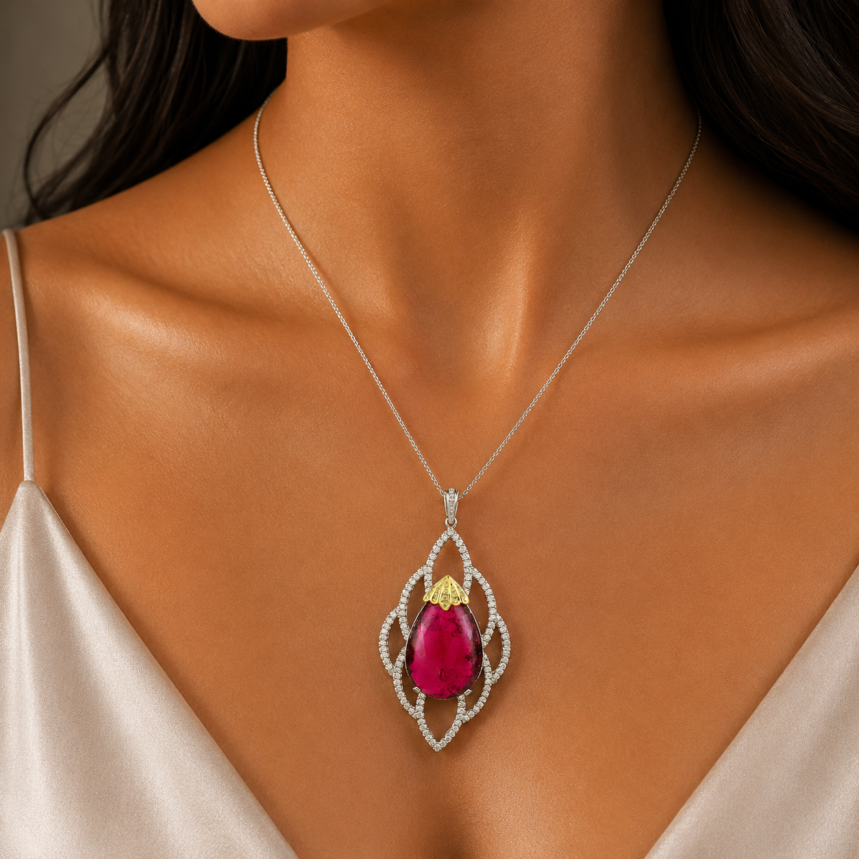 1.88 ct Pear Tourmaline with White Diamond Pendant in 18K Gold