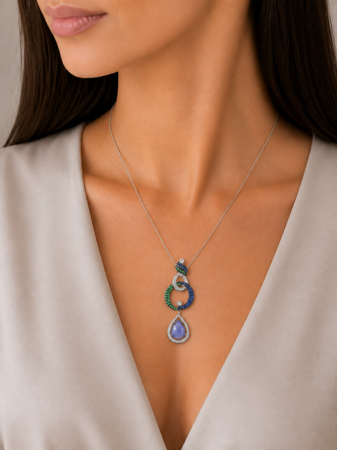 18K White Diamond Sapphire Tanzanite Drop Pendant Pear 7.92g