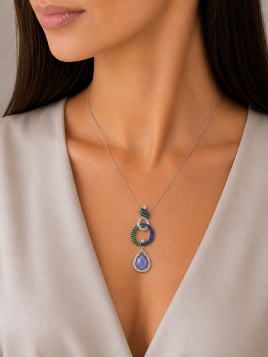 18K White Diamond Sapphire Tanzanite Drop Pendant Pear 7.92g