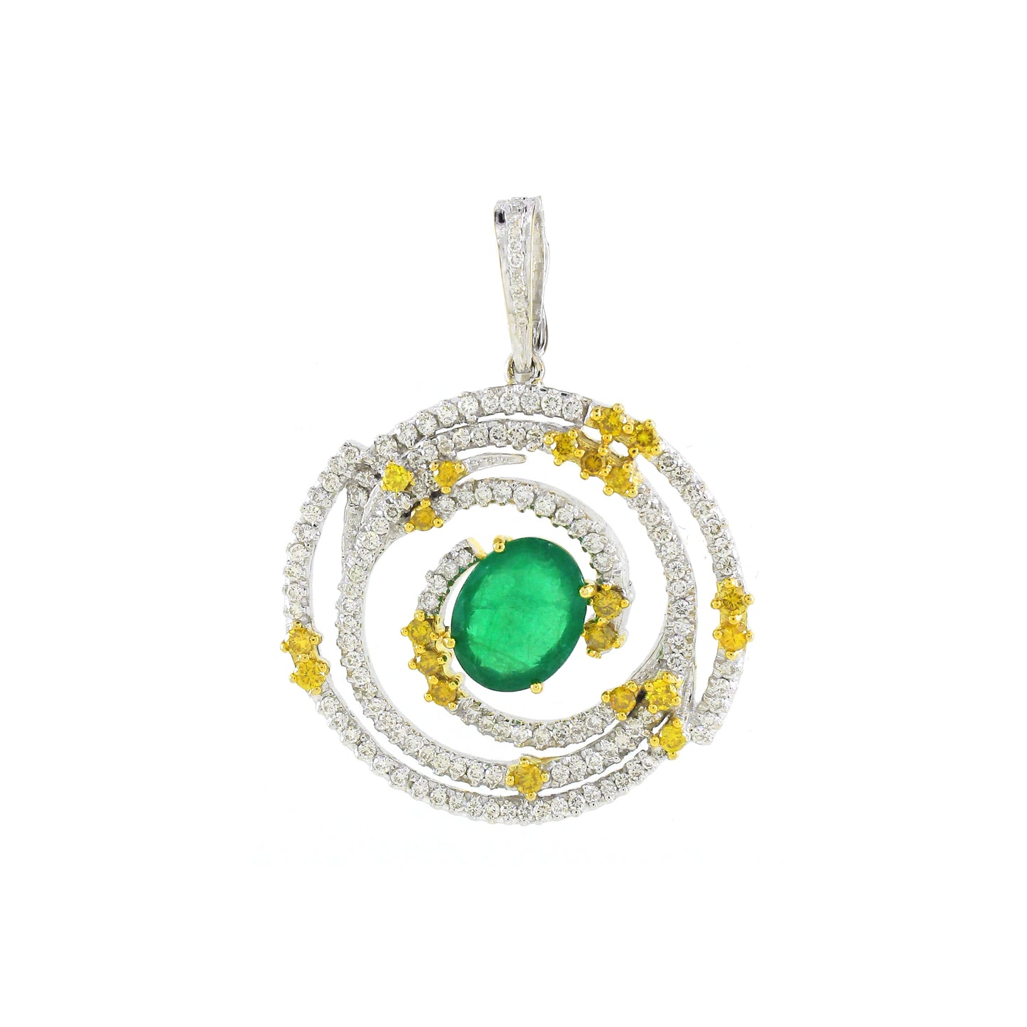 1.96 ct Oval Emerald with White and Canary Diamond Pendant in 18K Gold