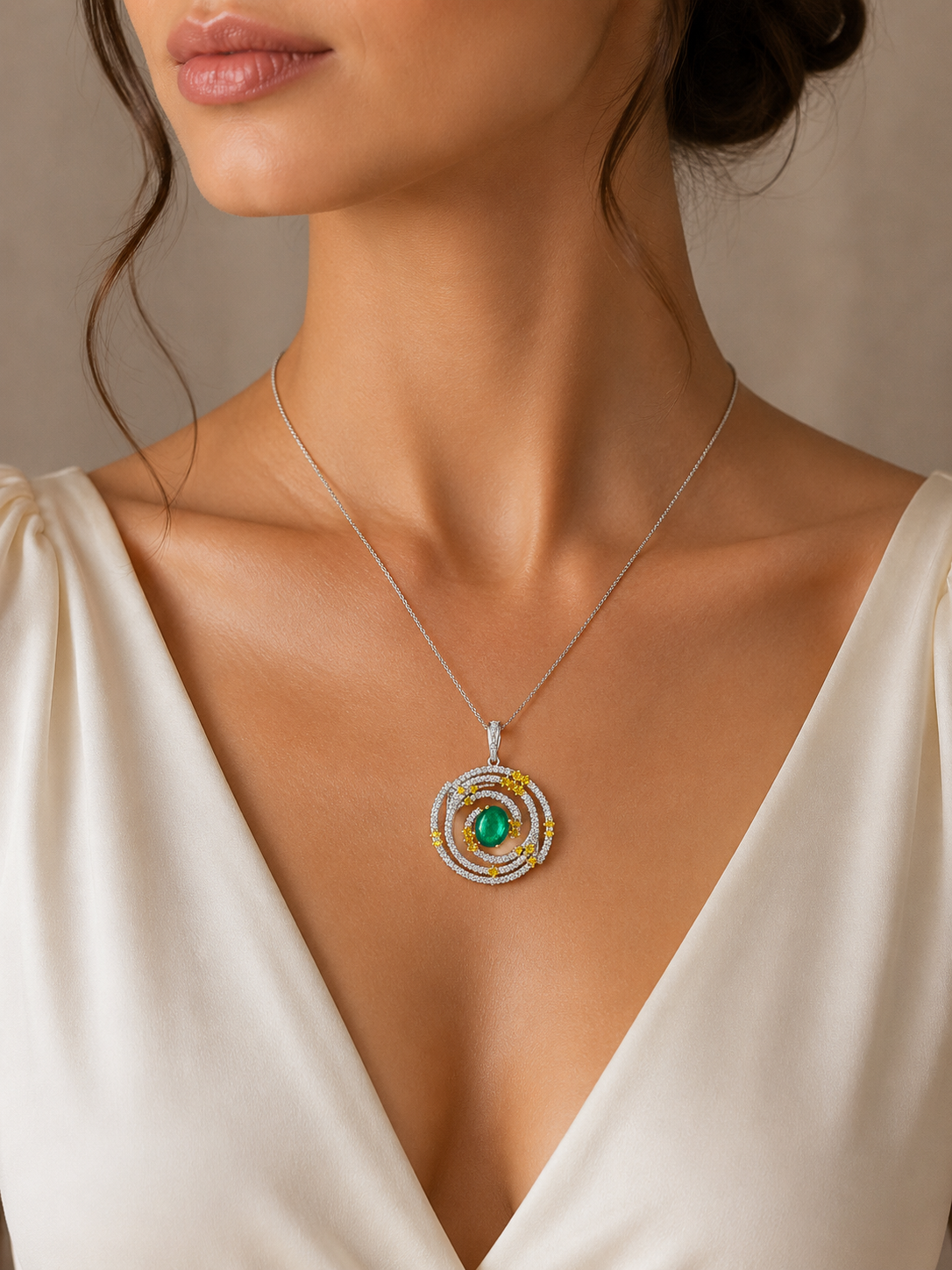 1.96 ct Oval Emerald with White and Canary Diamond Pendant in 18K Gold