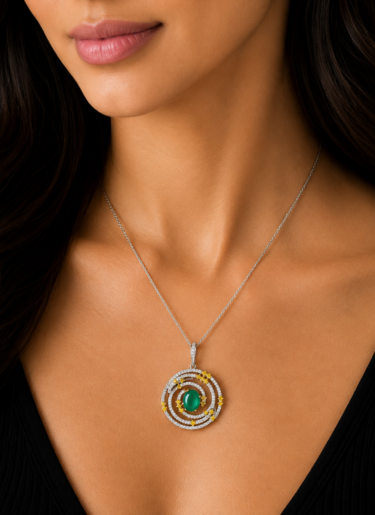 1.96 ct Oval Emerald with White and Canary Diamond Pendant in 18K Gold