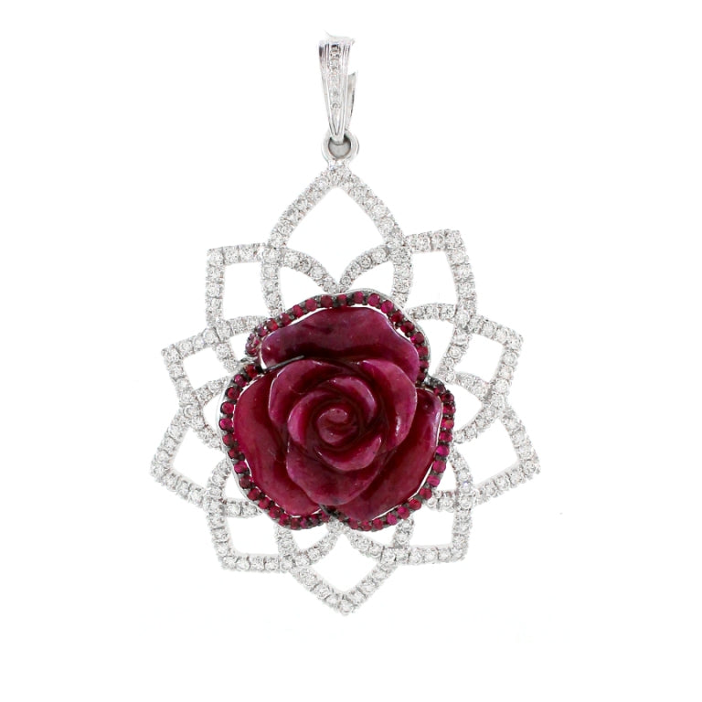 1.9 ct Floral Ruby with White Diamond Pendant in 18K Gold