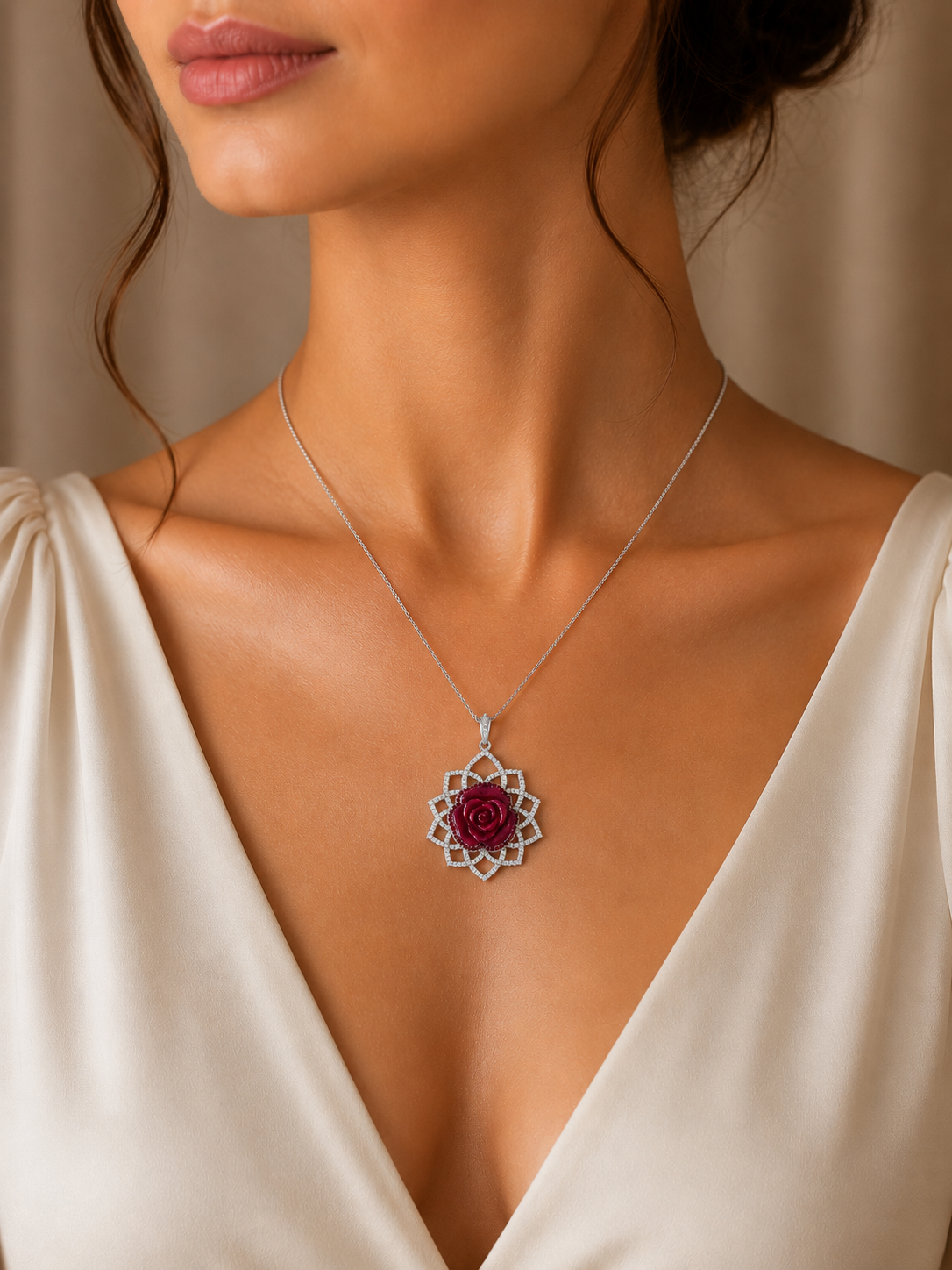 1.9 ct Floral Ruby with White Diamond Pendant in 18K Gold