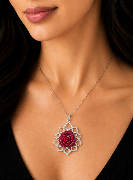 1.9 ct Floral Ruby with White Diamond Pendant in 18K Gold