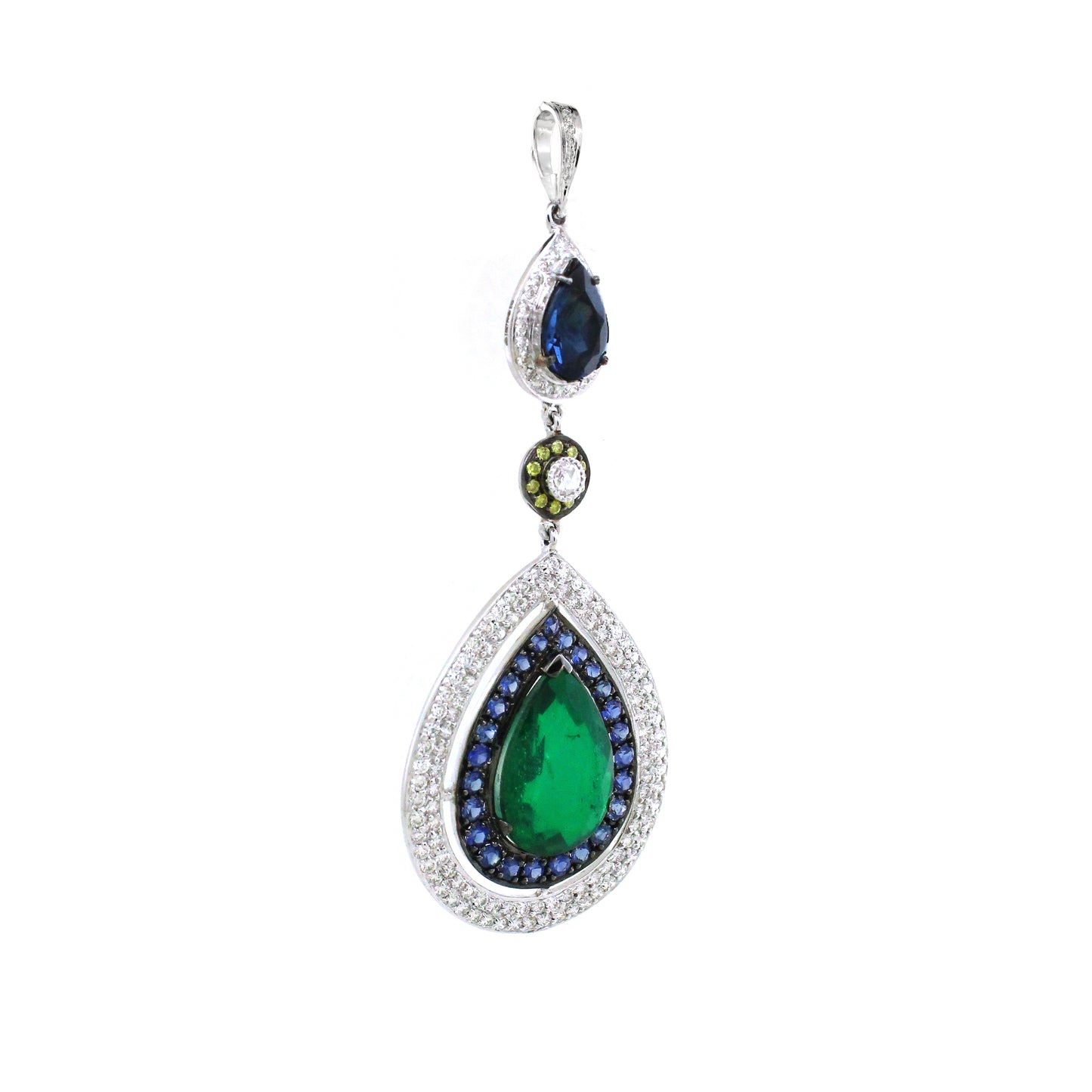 18K White Diamond Sapphire Emerald Halo Pendant pear 12.73g