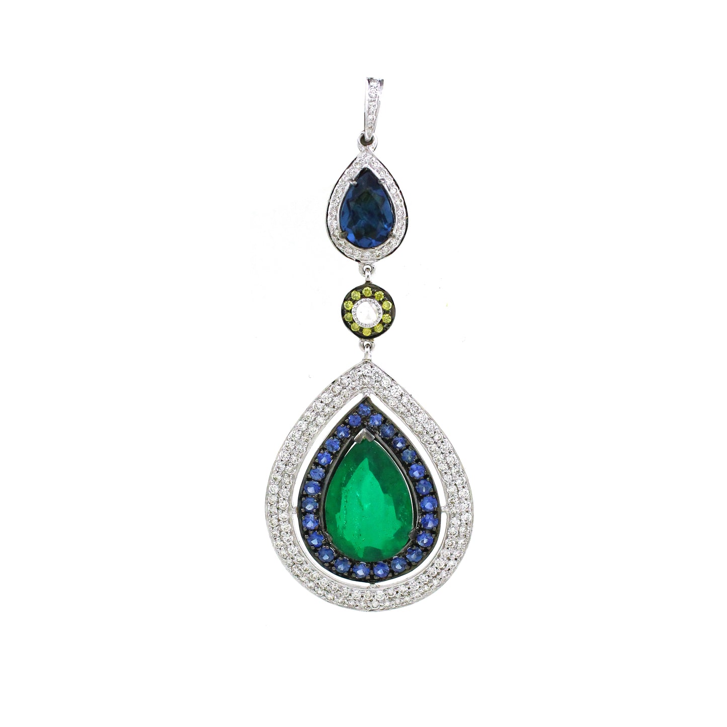18K White Diamond Sapphire Emerald Halo Pendant pear 12.73g