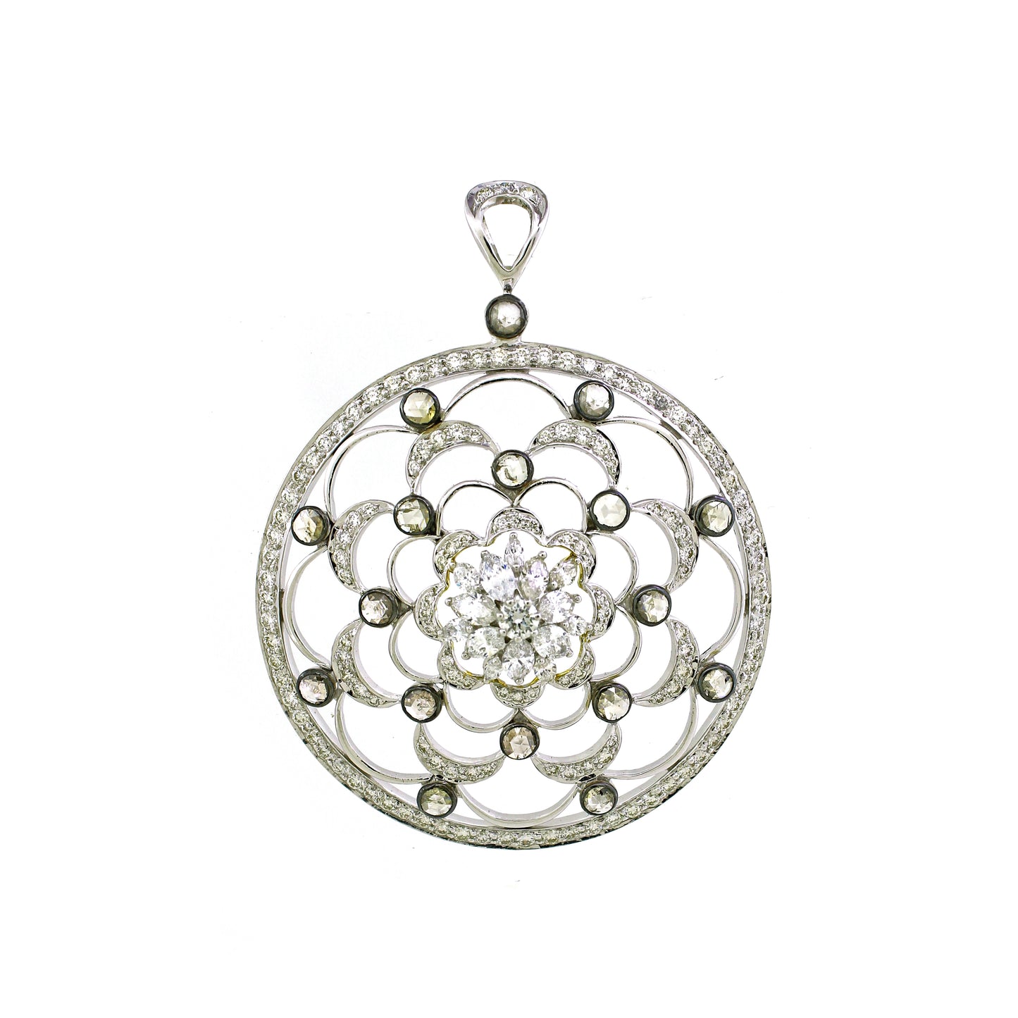 18K White Diamond Floral Pendant round cluster 16.51 grams