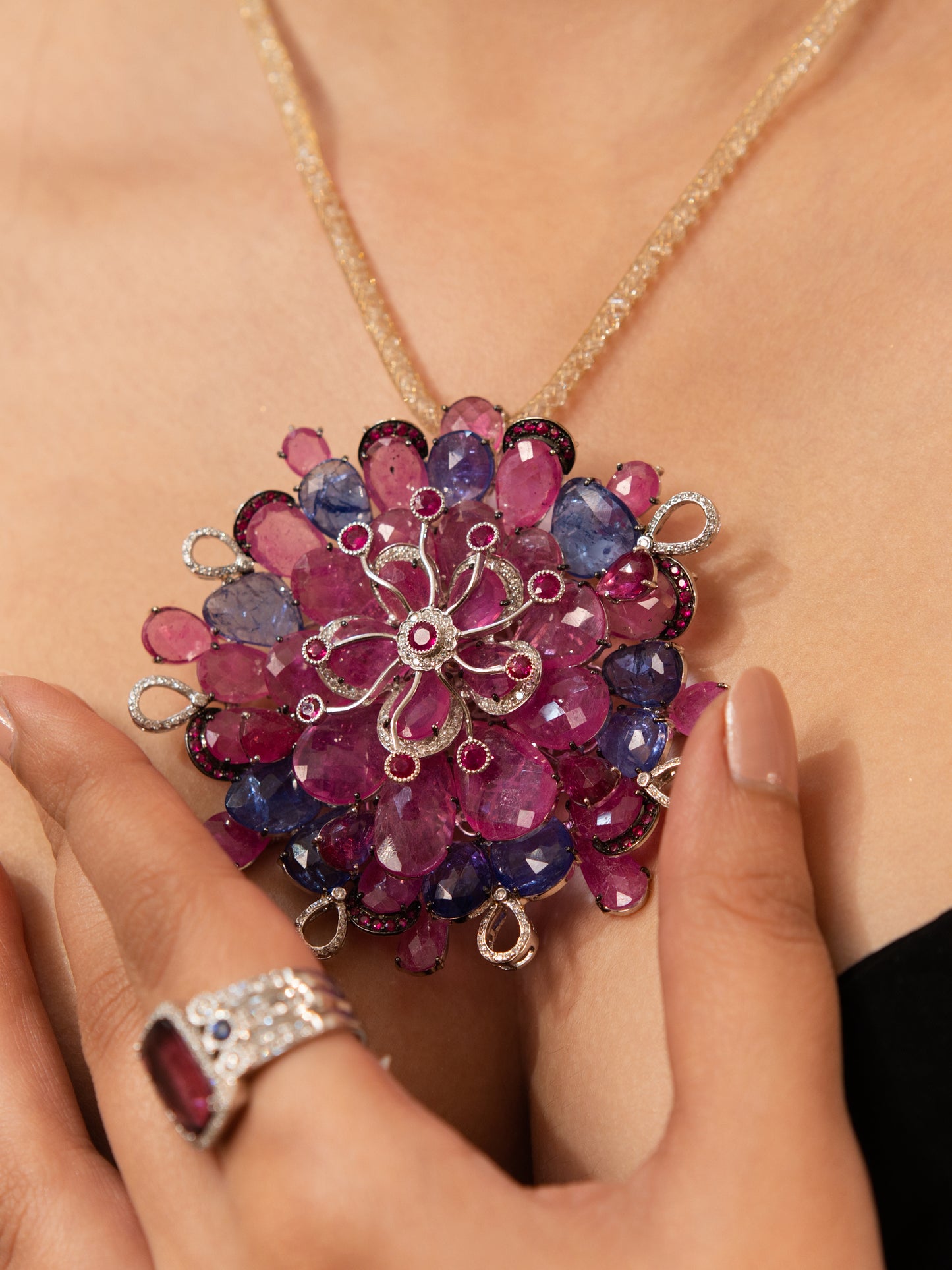 High Jewelry Floral Pendant – 18K Gold with Diamonds & Multi-Color Gemstones