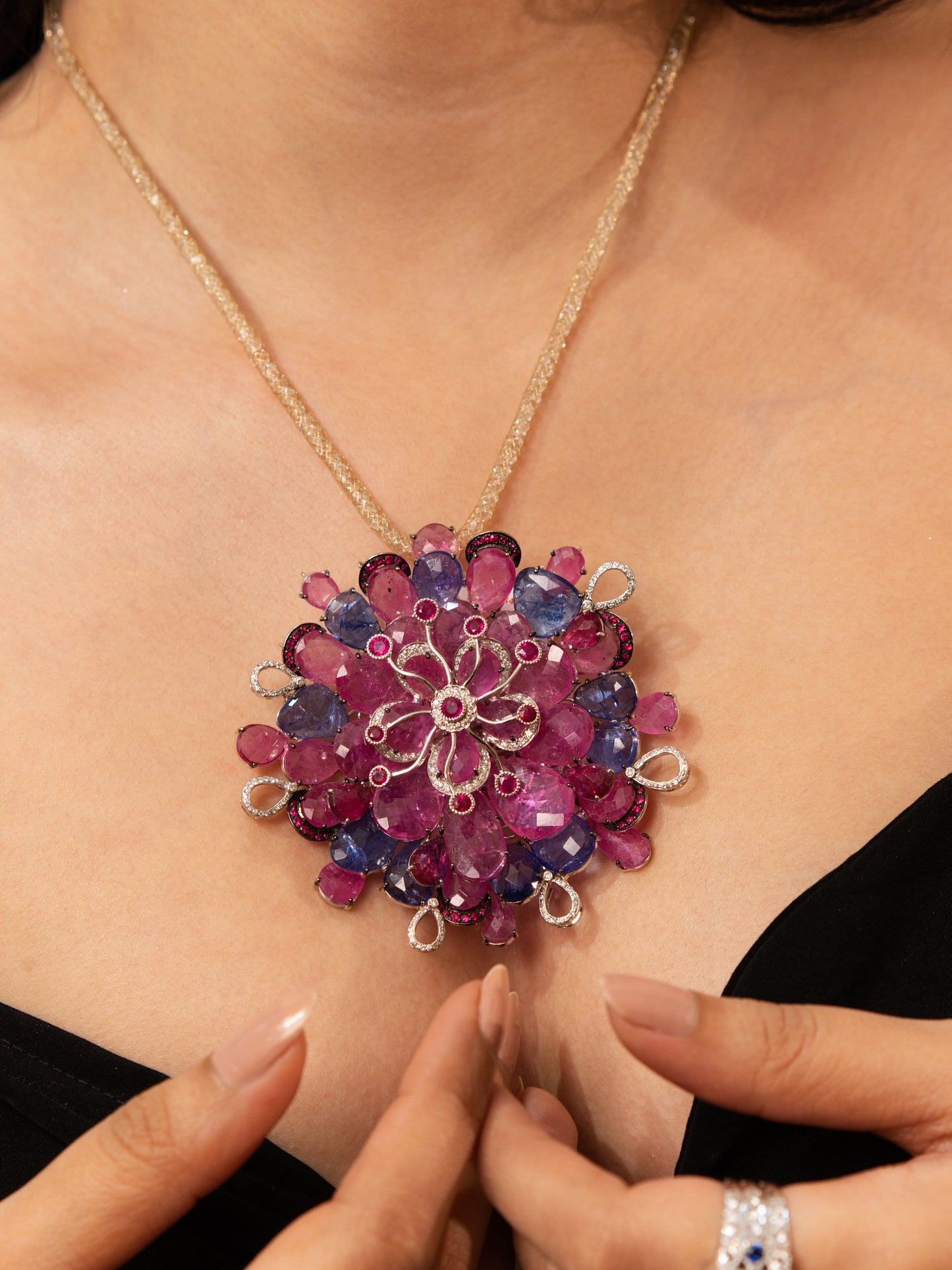 High Jewelry Floral Pendant – 18K Gold with Diamonds & Multi-Color Gemstones