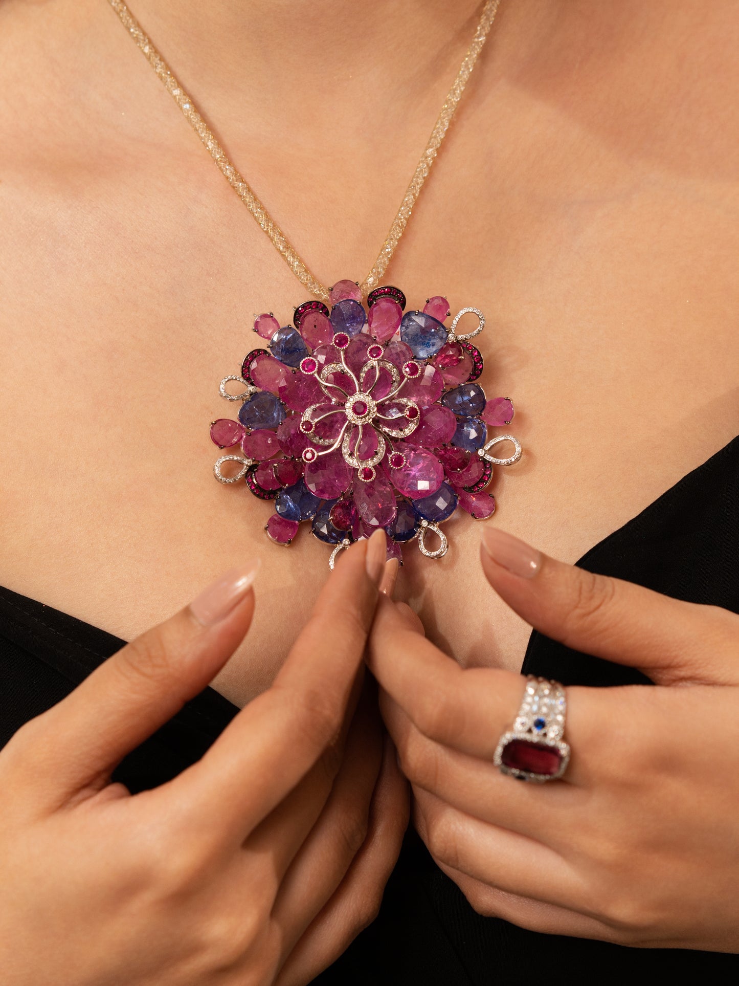 High Jewelry Floral Pendant – 18K Gold with Diamonds & Multi-Color Gemstones