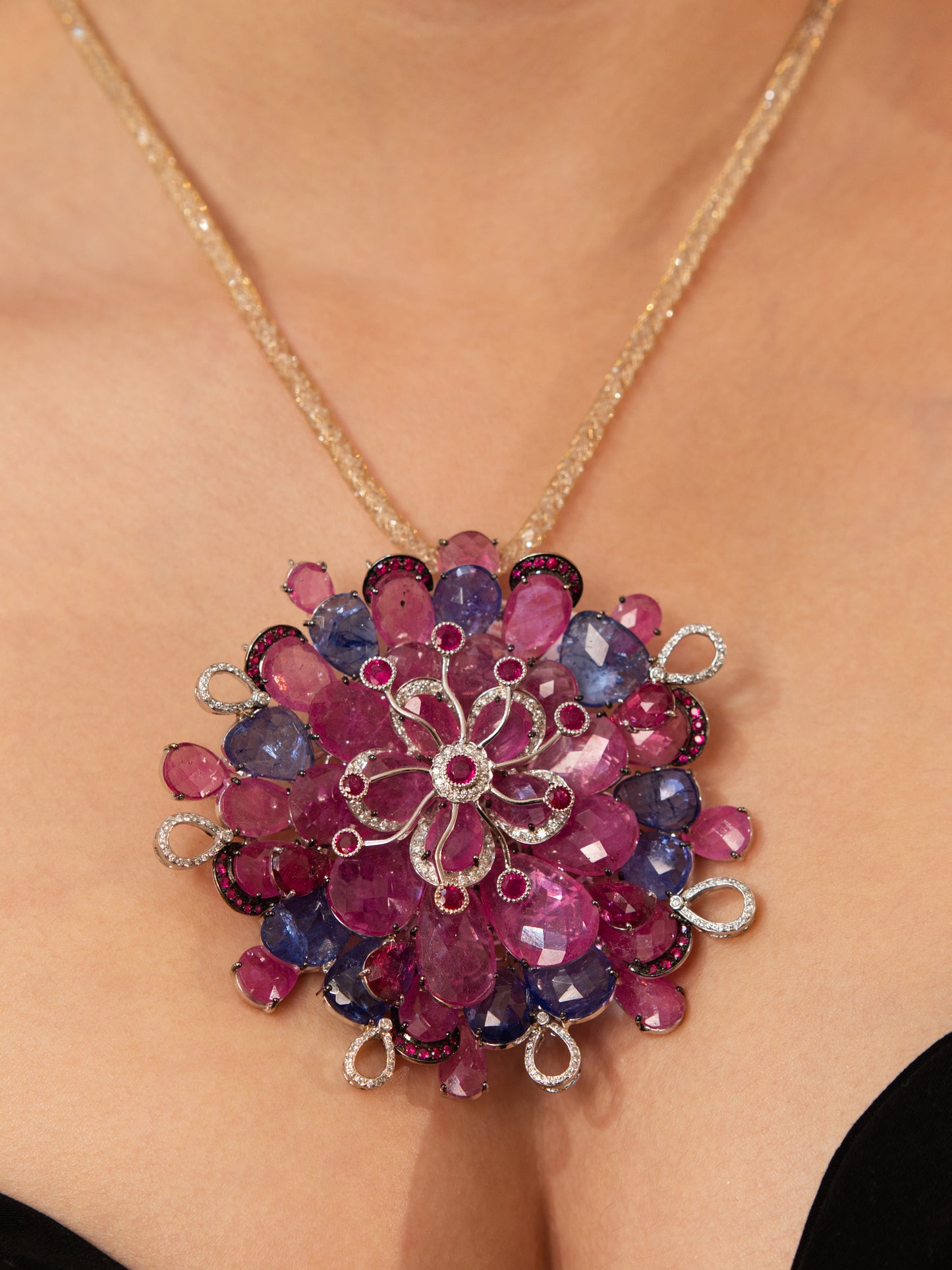 High Jewelry Floral Pendant – 18K Gold with Diamonds & Multi-Color Gemstones