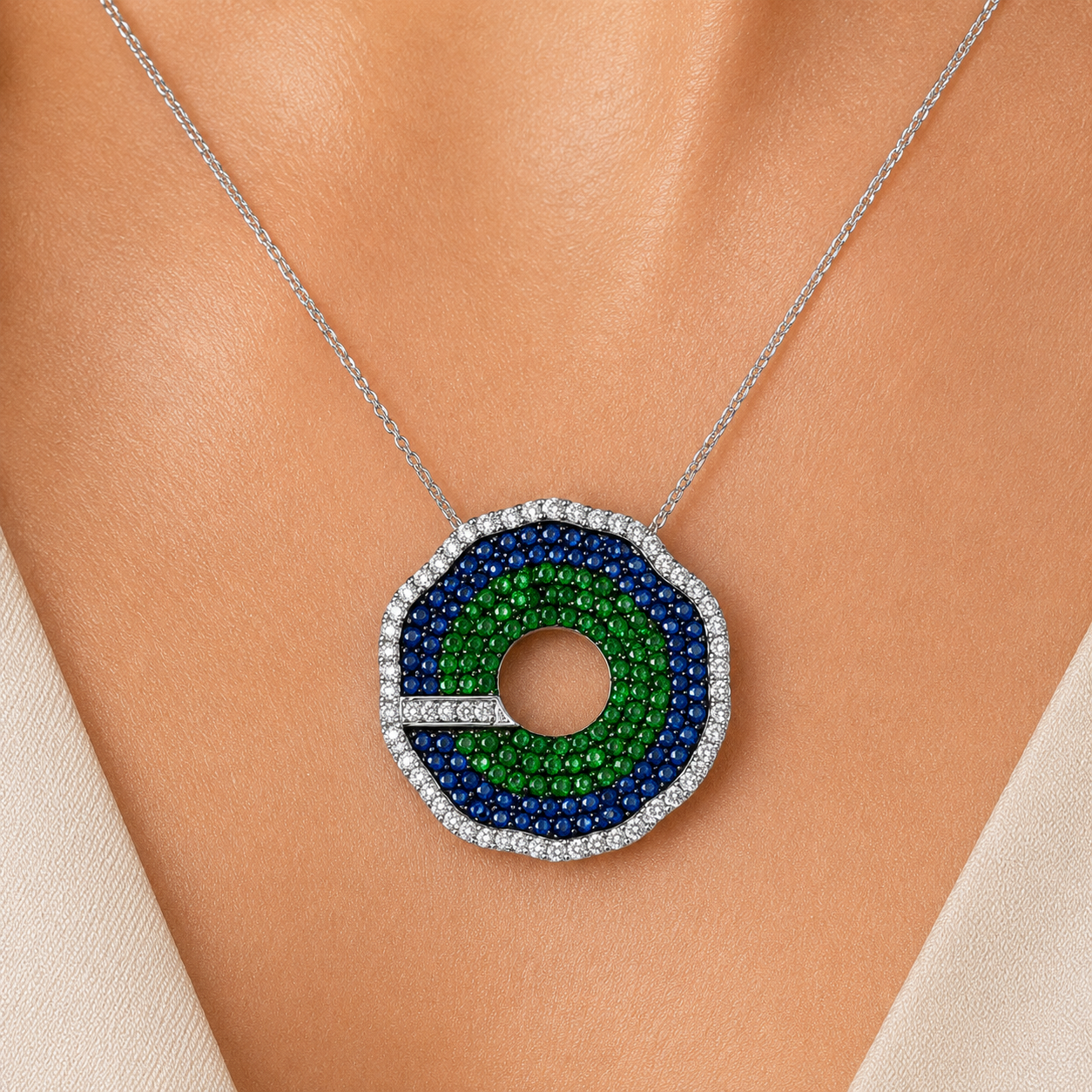 0.72 ct Round Tsavorite with Sapphire and White Diamond Pendant in 18K Gold
