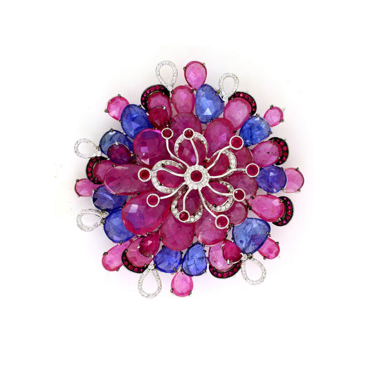 1.09 ct Pear Ruby with Tourmaline Tanzanite and White Diamond Pendant in 18K Gold