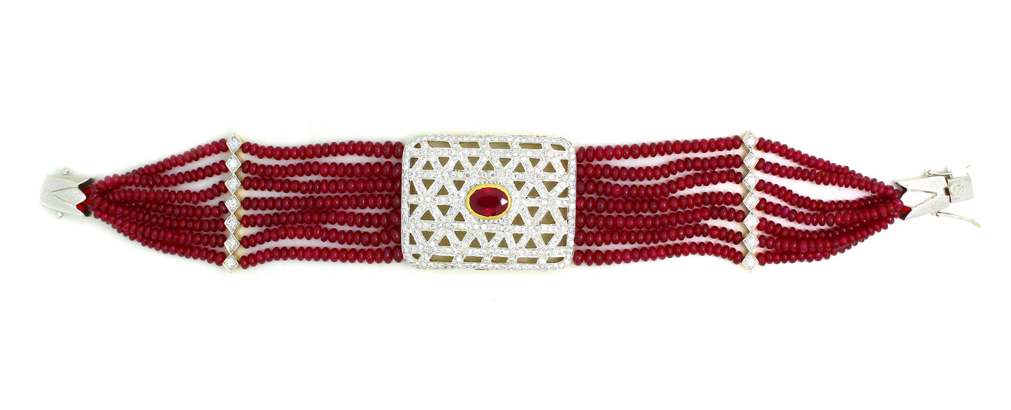 18K White Diamond Ruby Geometric Bracelet oval center 30.556g