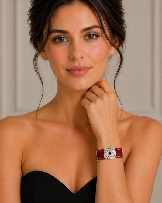 18K White Diamond Ruby Geometric Bracelet oval center 30.556g
