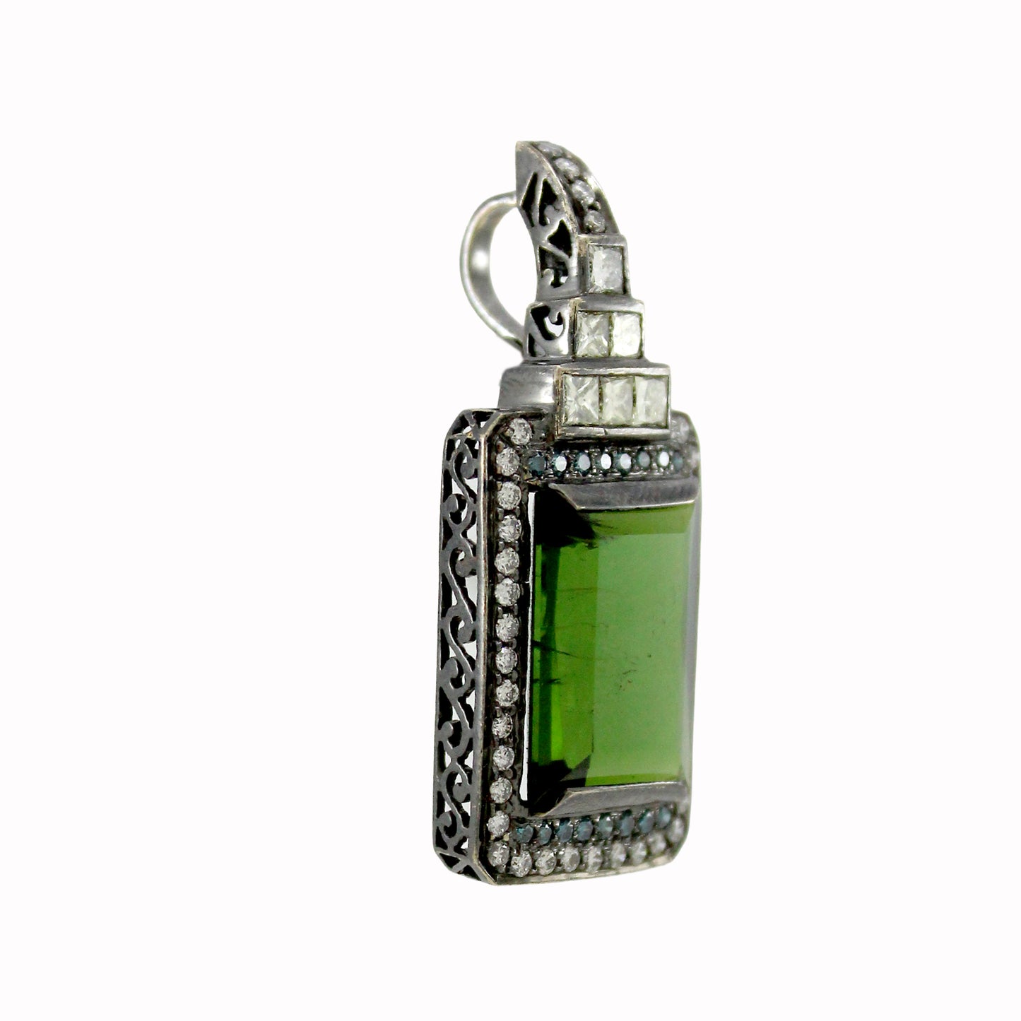 18K Gold White Blue Diamond Tourmaline Halo Pendant emerald 8.92g